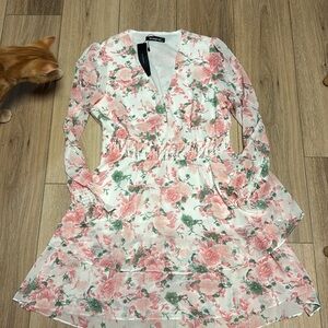 Allegra K NWT M pink white floral tiered mini dress